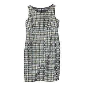 Albert Nipon Houndstooth Plaid Metallic Cocktail Dress Gray Ivory Gold Size 8